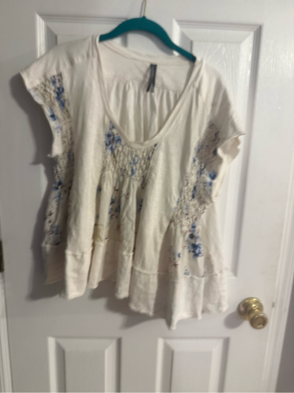 Anthropologie Cream Tunic with Blue Floral Crochet Accents